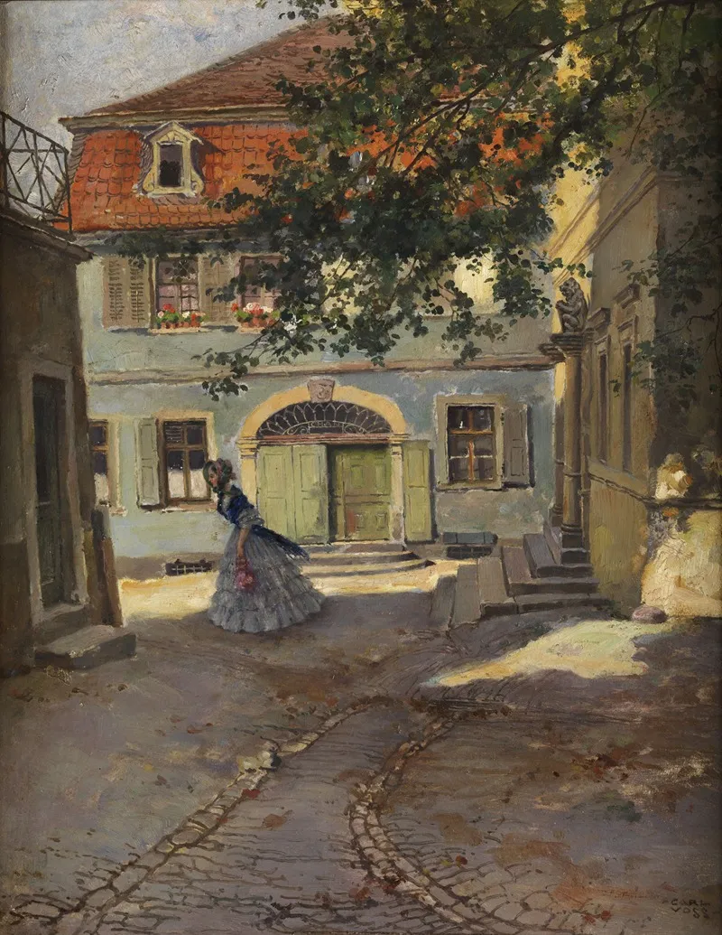 Gebaudehof Mit Junger Dame Wall Art by Carl Leopold Voss - High-Resolution Digital Print
