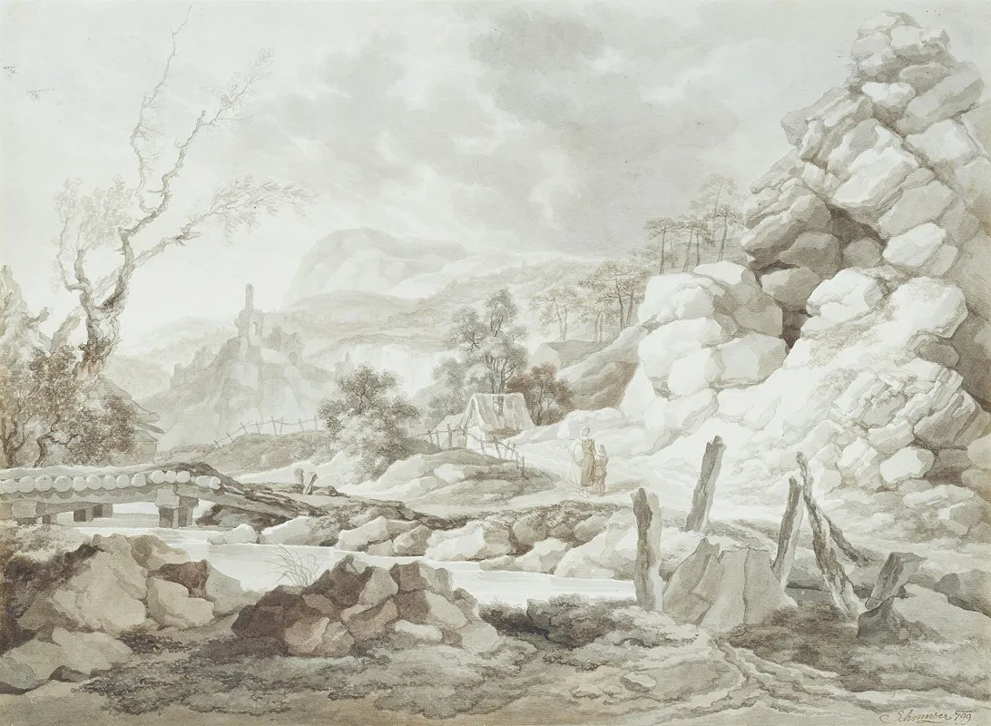 Gebirgsbach Mit Brucke Und Figuren Wall Art by Jakob Mathias Schmutzer - High-Resolution Digital Print