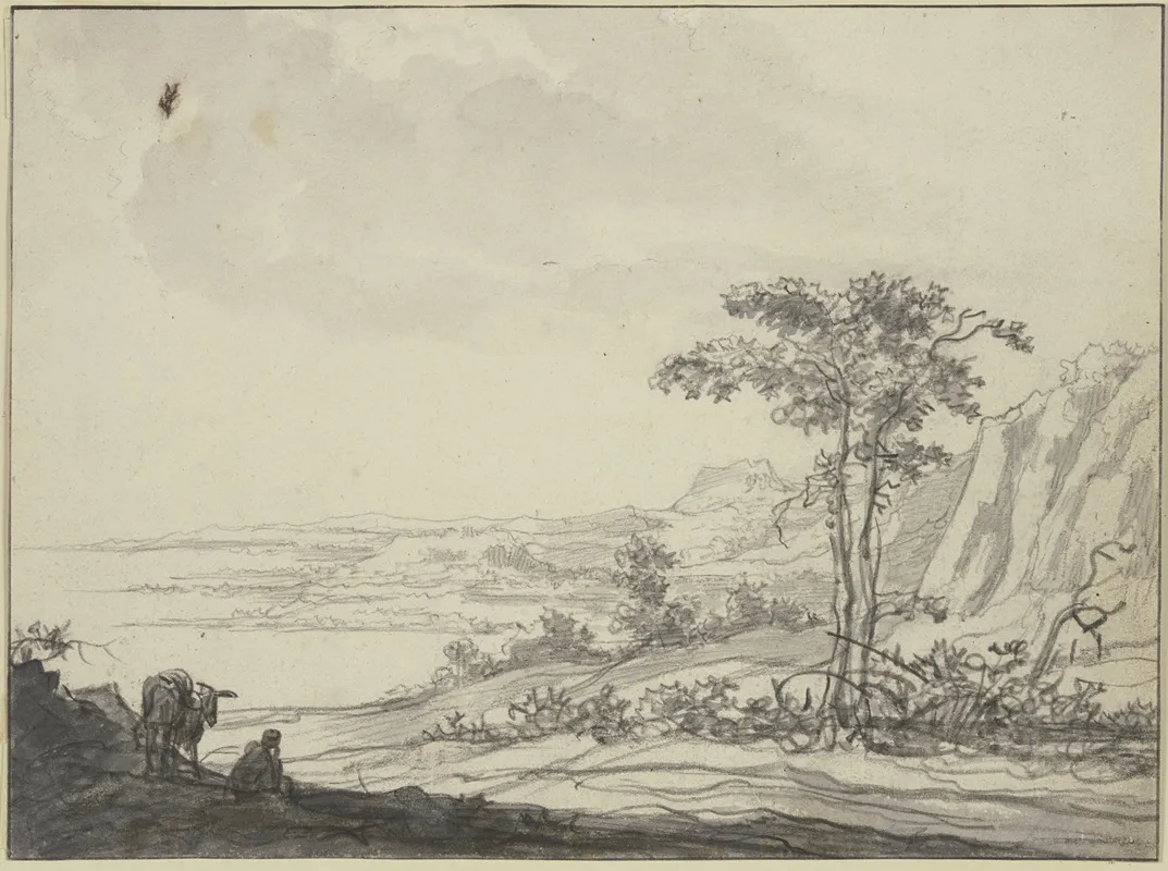 Gebirgslandschaft Am Meer Links Ein Sitzender Mann Bei Einem Esel Wall Art by Aelbert Cuyp - High-Resolution Digital Print