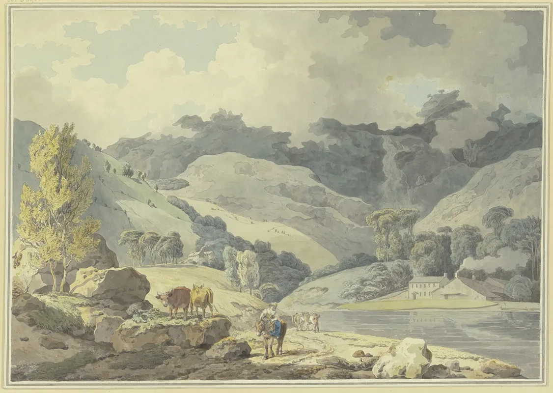 Gebirgslandschaft Auf Dem Weg Ein Madchen Zu Pferde Links Zwei Kuhe