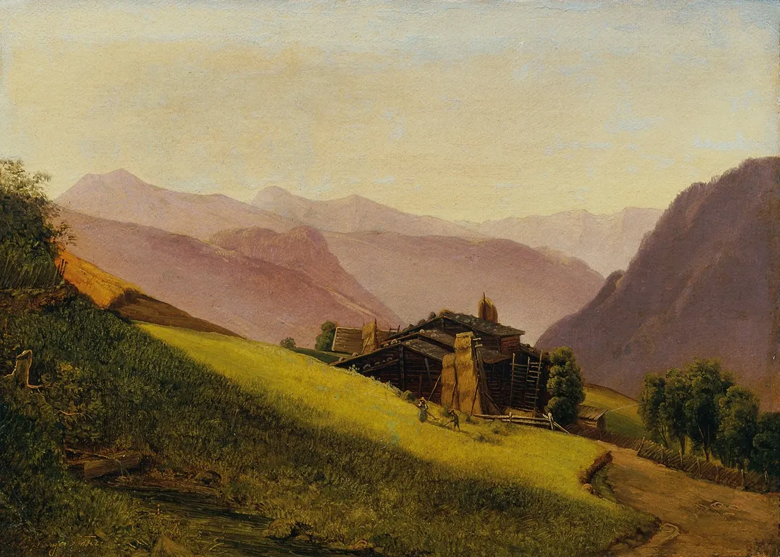 Gebirgslandschaft Mit Almhutten Und Heuenden Bauern Wall Art by Franz Wipplinger - High-Resolution Digital Print