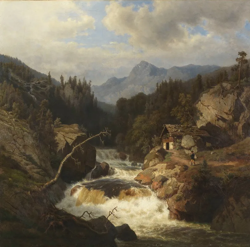Gebirgslandschaft Mit Jagersmann Am Tosenden Fluss Wall Art by Leonhard Rausch - High-Resolution Digital Print