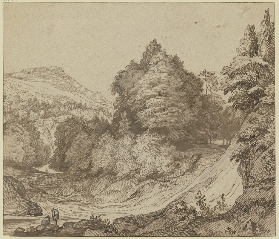 Gebirgslandschaft Mit Wald Links Am Weg Ein Sitzender Und Ein Stehender Mann