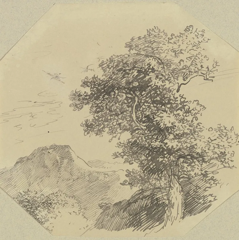 Gebirgslandschaft Rechts Vorne Ein Groser Baum