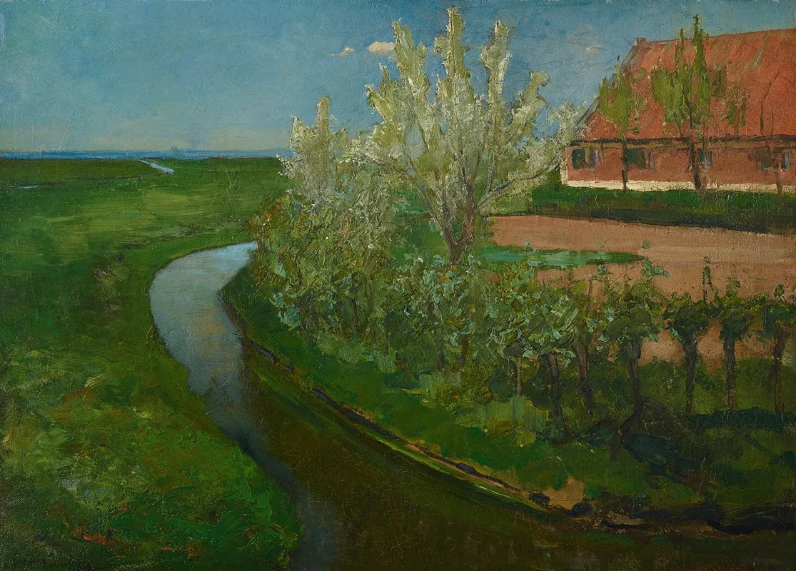 Gebogen Irrigatiegracht Grenzend Aan Boerenerf Met Bloeiende Bomen Curved Irrigation Ditch Bordering Farmyard With Flowering Trees Wall Art by Piet Mondrian - High-Resolution Digital Print