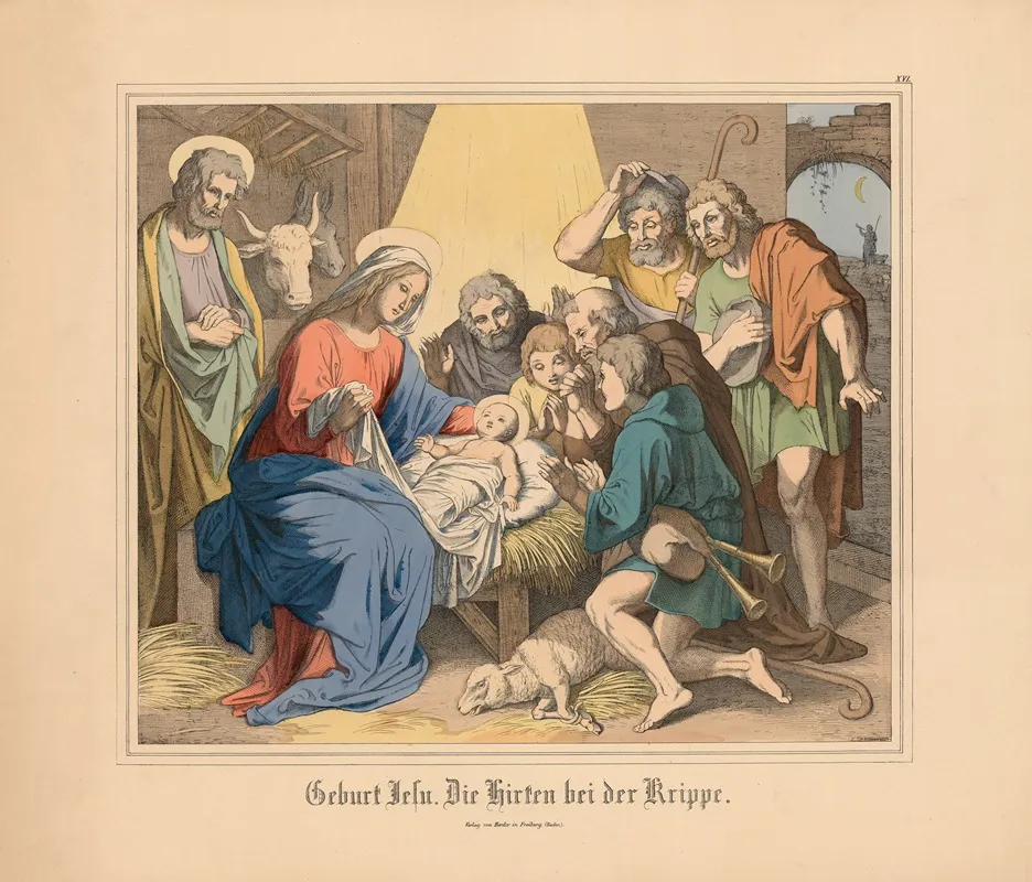 Geburt Jesu Die Hirten Bei Der Krippe Wall Art by Johann Nepomuk Heinemann - High-Resolution Digital Print