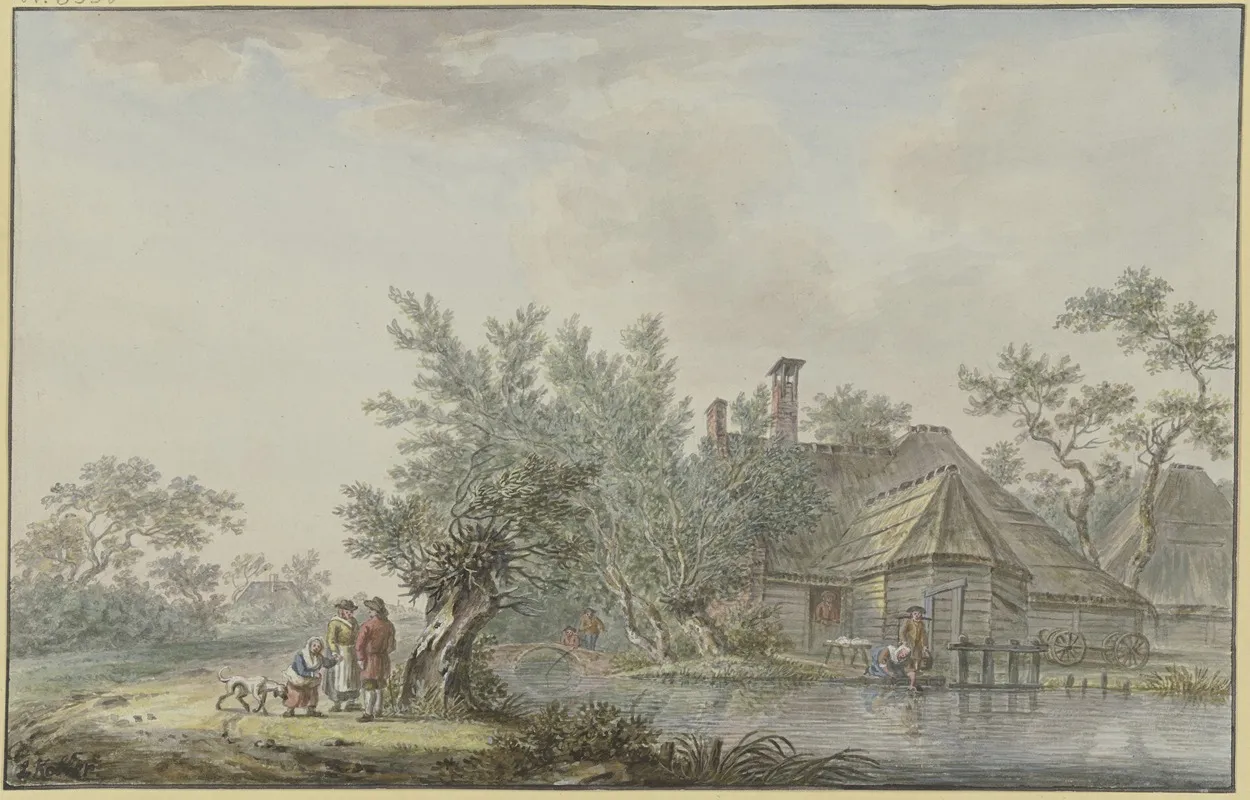 Gehoft An Einem Wasser Links An Einer Weide Ein Bauernpaar Mit Einem Kind Und Einem Hund Wall Art by Johann Jakob Koller - High-Resolution Digital Print