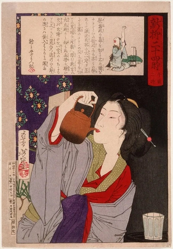 Geisha Drinking From Sake Kettle At 200 A M Wall Art by Tsukioka Yoshitoshi - High-Resolution Digital Print