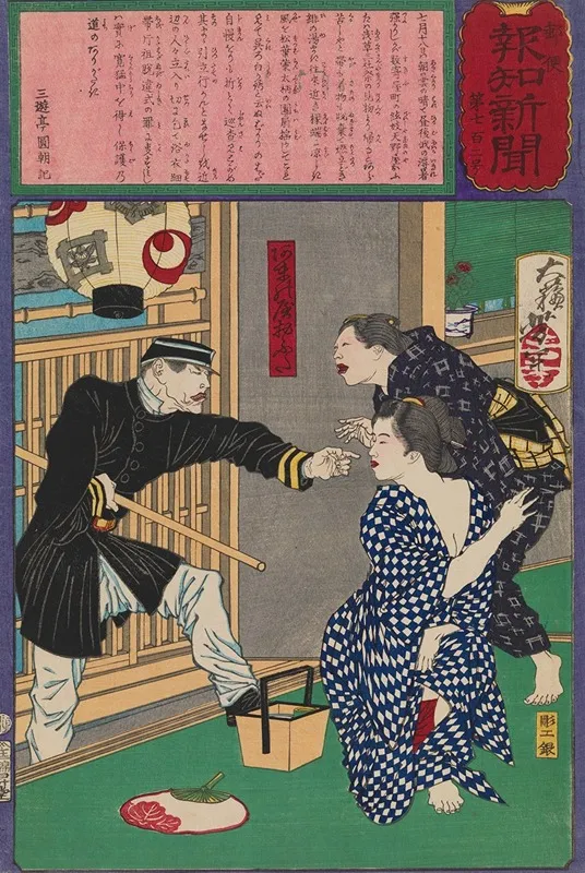 Geisha Ofusa Of Amanoya Threatened With Arrest For Indecent Exposure On A Hot Evening Wall Art by Tsukioka Yoshitoshi - High-Resolution Digital Print