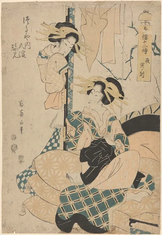 Geisha Seated On Cushions Pipe In Hand Another Woman Looking On From Door