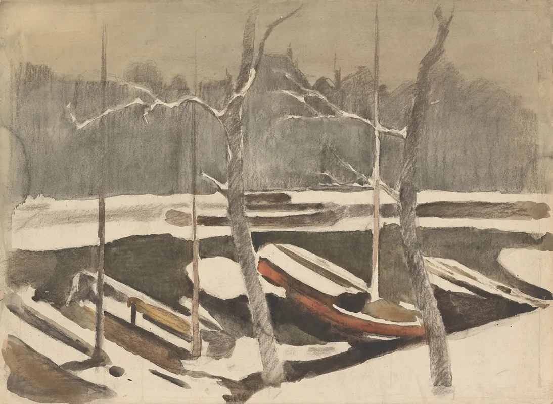 Gemeerde Schuiten Aan Een Besneeuwde Grach