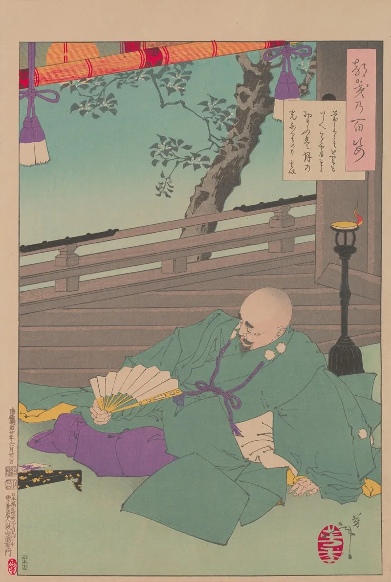 Geni Viewing The Moon From His Castle Wall Art by Tsukioka Yoshitoshi - High-Resolution Digital Print