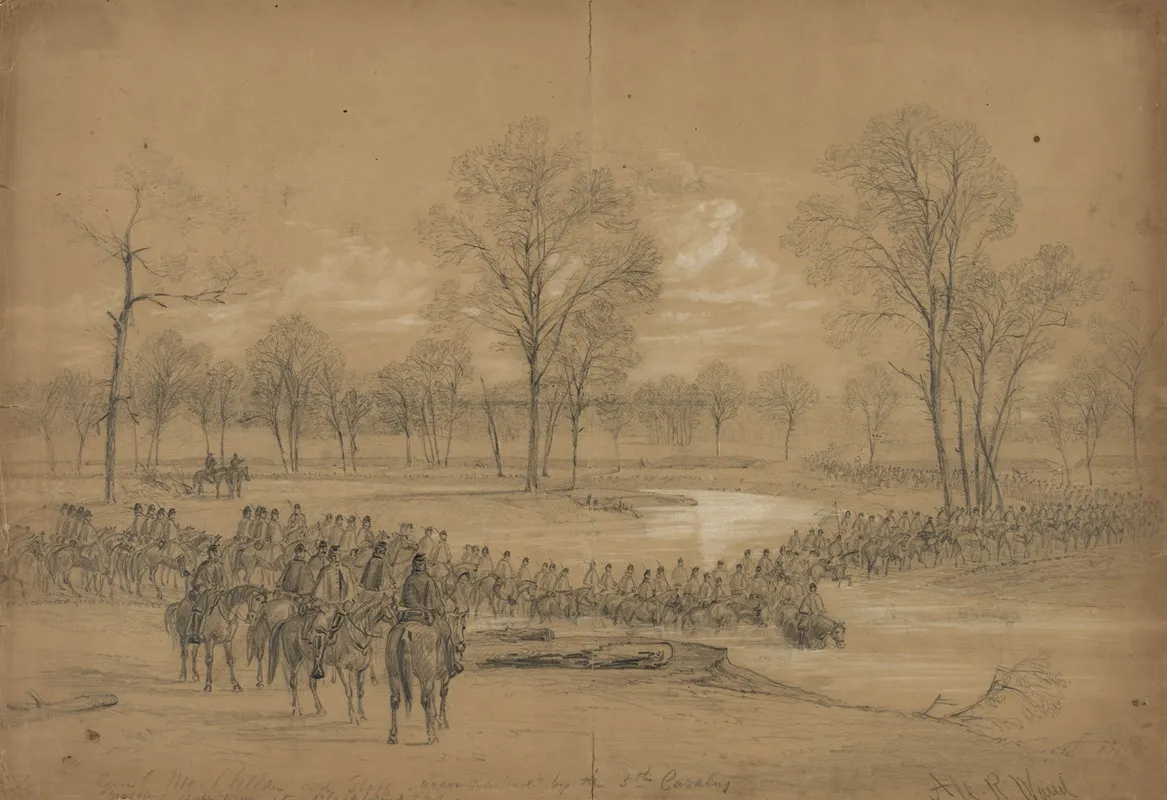 Genl Mcclellan And Staff Accompanied By The 5th Cavalry Crossing Bull Run At Blackburns Ford