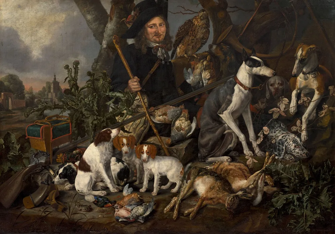 Gentleman Hunter With His Pack Of Dogs And His Hunting Trophies Wall Art by Carstiaen Luycks - High-Resolution Digital Print
