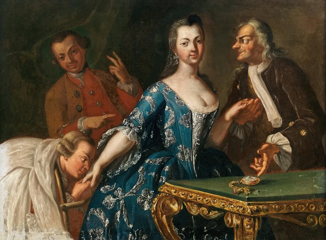 Gentlemen Courting A Lady Wall Art by Neapolitan School - High-Resolution Digital Print