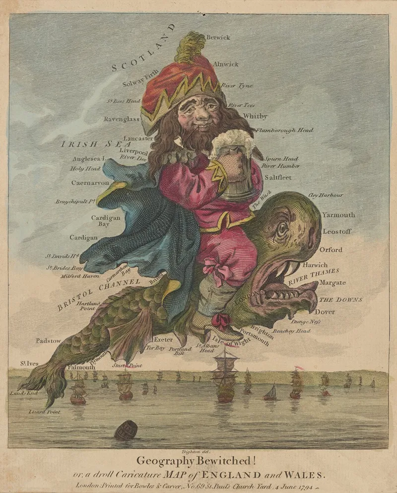 Geography Bewitched Or A Droll Caricature Map Of England And Wales Wall Art by Robert Dighton - High-Resolution Digital Print