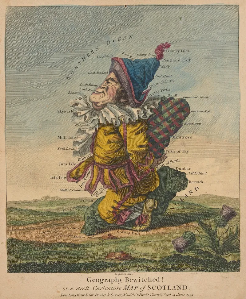 Geography Bewitched Or A Droll Caricature Map Of Scotland Wall Art by Robert Dighton - High-Resolution Digital Print