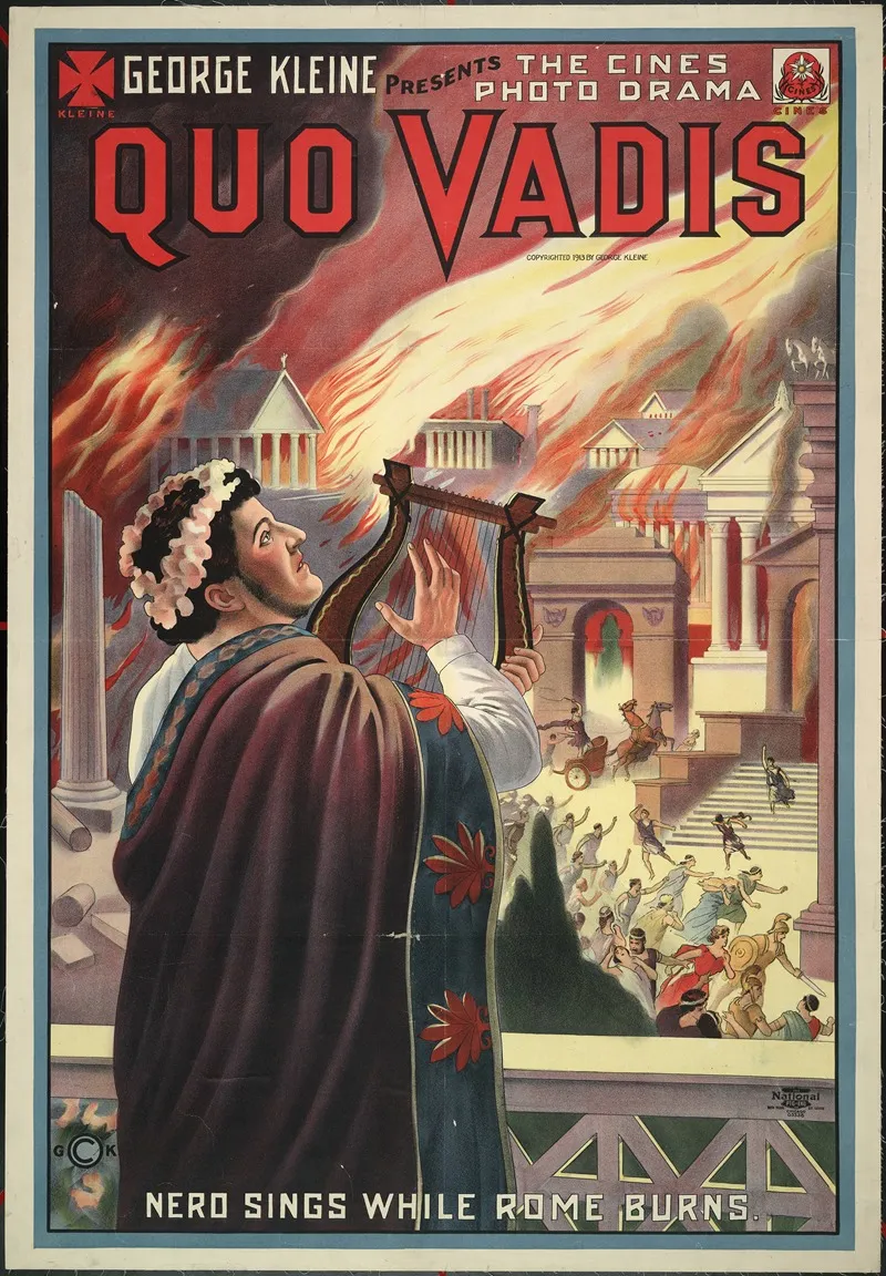 George Kleine Presents The Cines Photo Drama Quo Vadis Nero Sings While Rome Burns Wall Art by National Printing & Engraving Company - High-Resolution Digital Print