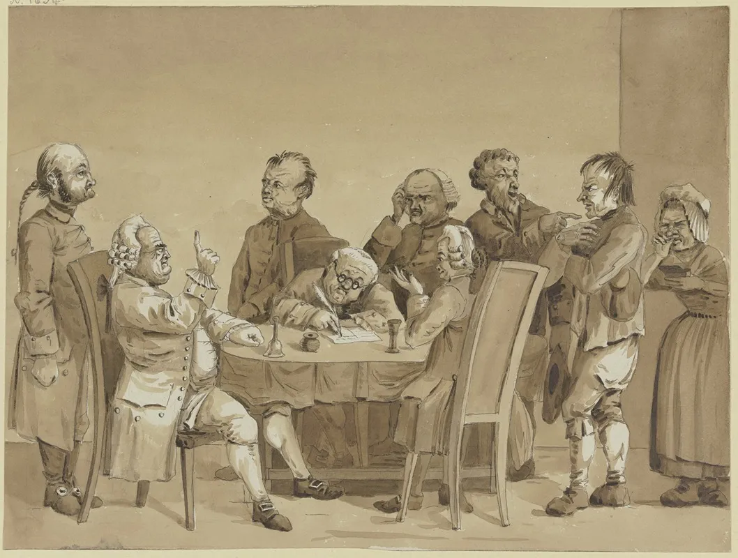 Gerichtsszene Zwei Richter Und Ein Schreiber An Einem Tisch Umgeben Von Sechs Stehenden Personen Den Streitenden Und Einem Gerichtsdiener Wall Art by Friedrich Rottmann - High-Resolution Digital Print