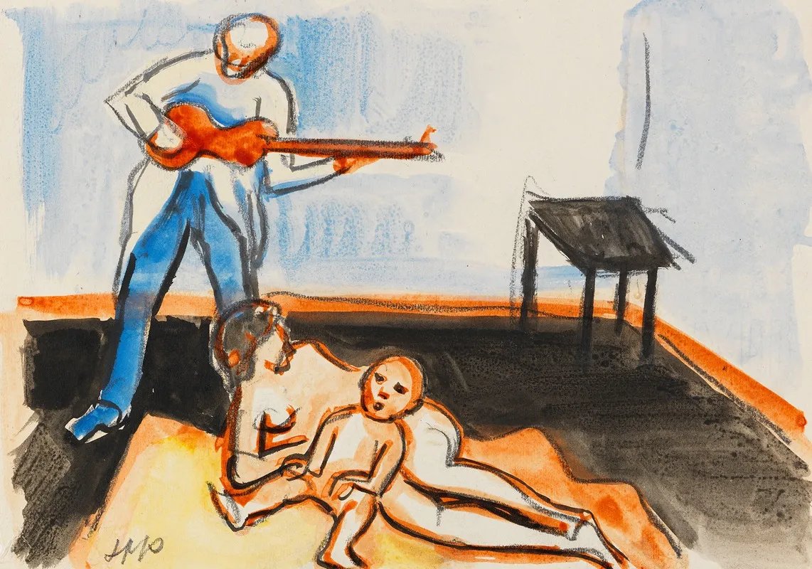 Geschwisterakte Mit Lautenspieler Wall Art by Hermann Max Pechstein - High-Resolution Digital Print