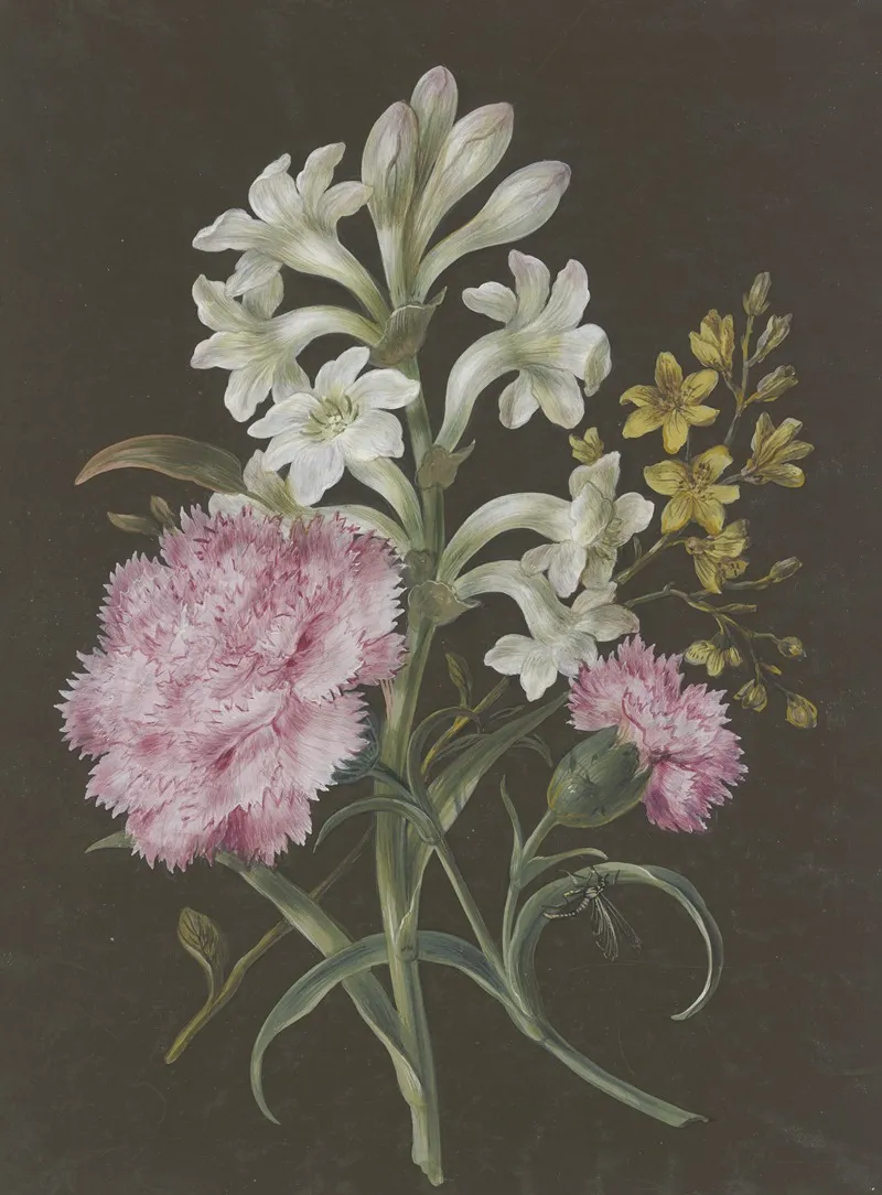 Gesteck Aus Tuberose Polyanthes Rosa Nelke Dianthus Und Gelber Blume Mit Fliege Wall Art by Barbara Regina Dietzsch - High-Resolution Digital Print
