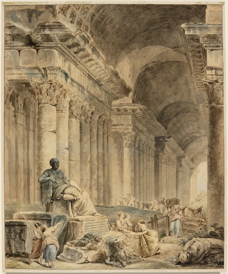 Gewolbte Saulengalerie Mit Antikischer Sitzstatue Wall Art by Hubert Robert - High-Resolution Digital Print