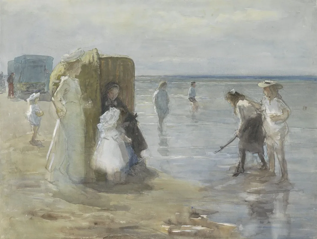 Gezicht Langs De Vloedlijn Aan Het Scheveningse Strand Met Twee Dames En Kinderen 2
