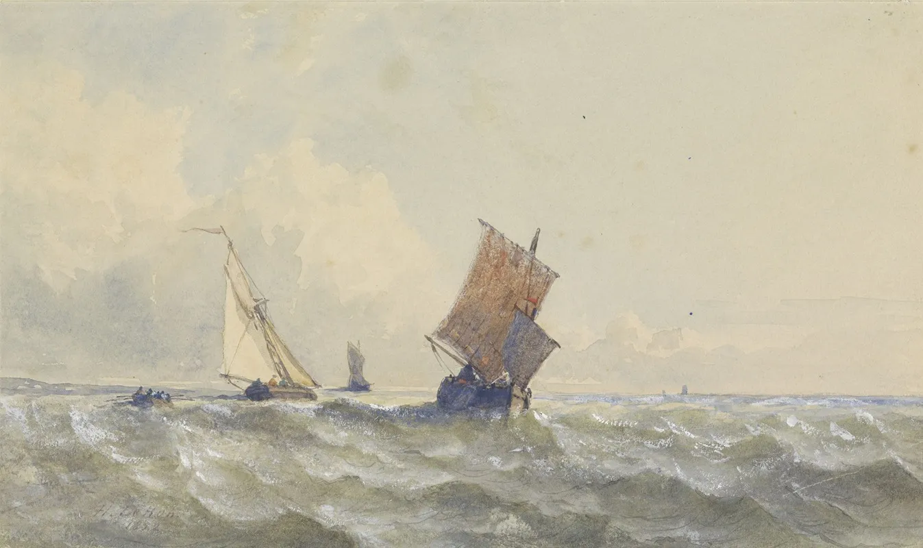 Gezicht Op Volle Zee Waarop Drie Zeilschepen Wall Art by Henri Le Hon - High-Resolution Digital Print