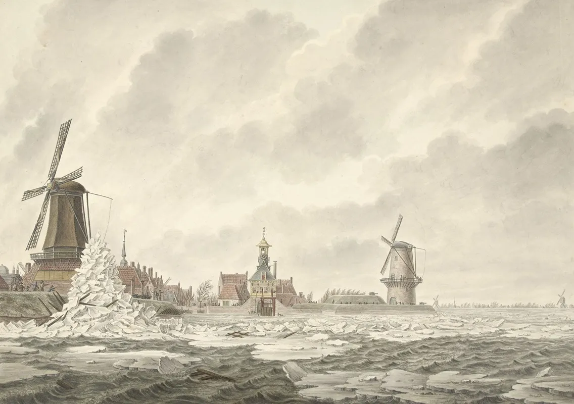 Gezicht Van De Opkruijing Van Het Ijs Op En Tegen De Borstwering Agter De Runmolen Te Gorinchem Den 20 N Februarij 1799 Wall Art by Cornelis de Jonker - High-Resolution Digital Print
