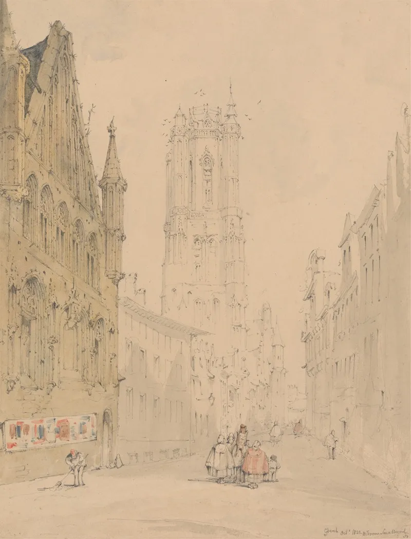 Ghent Street With Figures Leading Up To The Cathedral