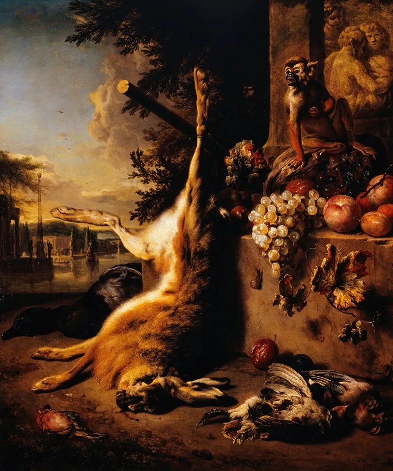 Gibier Mort Singe Et Fruits Devant Un Paysage Wall Art by Jan Weenix - High-Resolution Digital Print