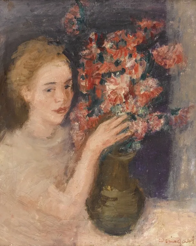 Girl At A Table With Flowers Wall Art by Joachim Weingart - High-Resolution Digital Print