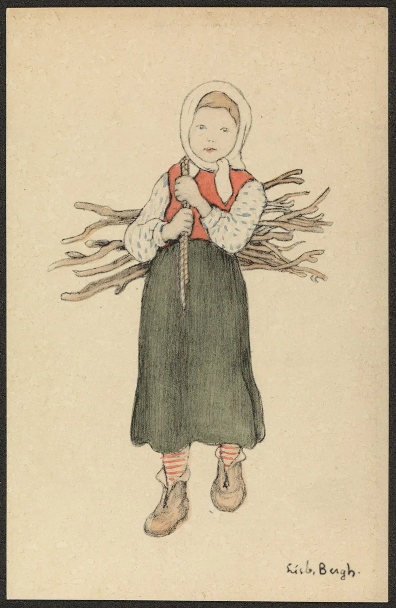 Girl Carring A Stick Bundle Wall Art by Lisbeth Bergh - High-Resolution Digital Print