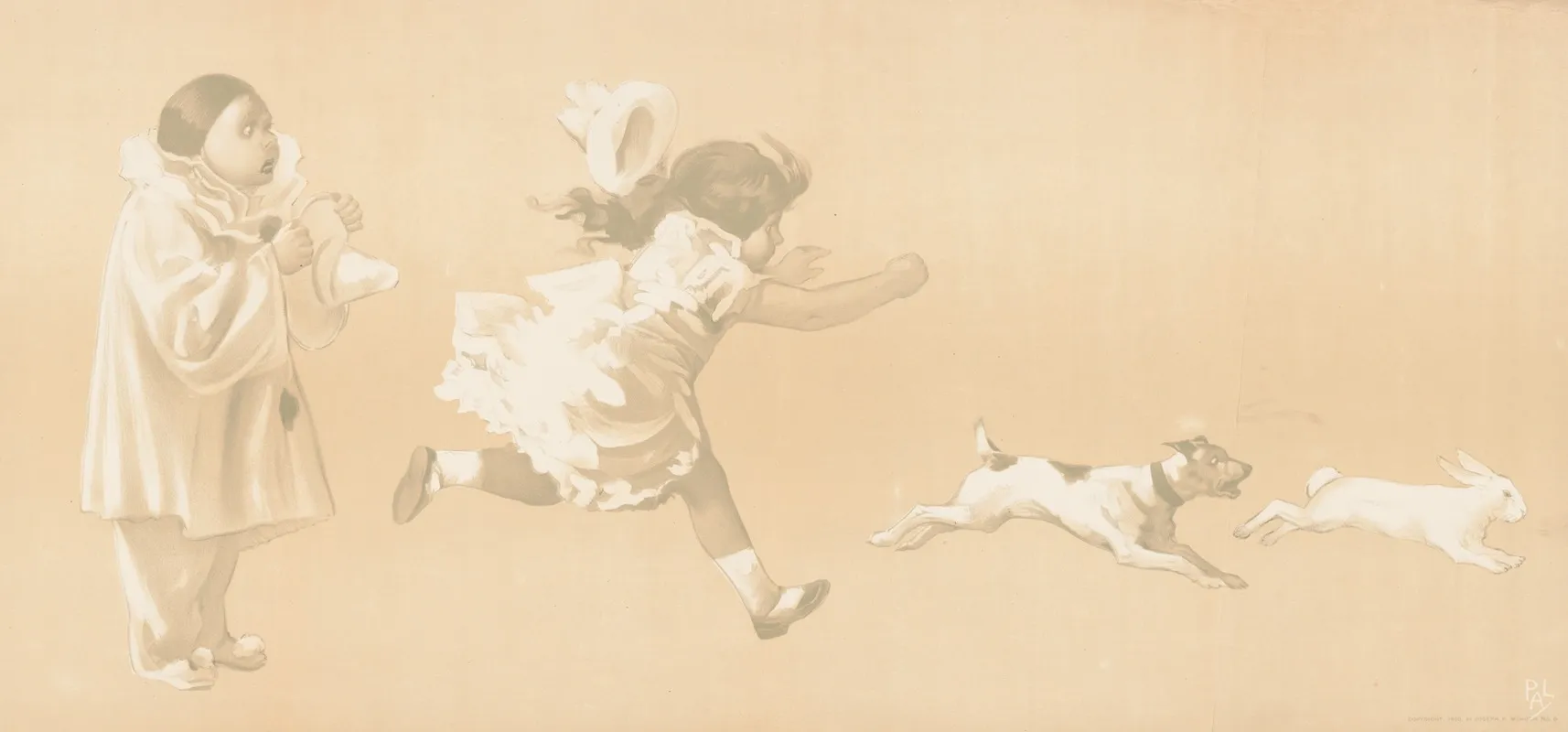 Girl Chasing A Dog Who Is Chasing A Rabbit While A Clown Looks On Wall Art by Pal (Jean de Paleologue) - High-Resolution Digital Print