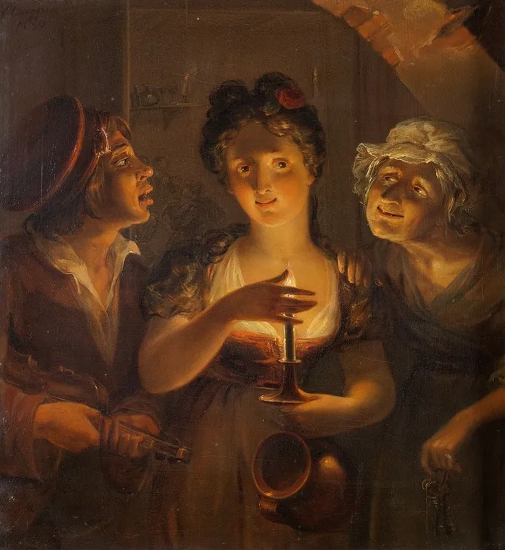 Girl Holding A Candle Standing Between A Fiddler And An Old Woman Wall Art by Pehr Berggren - High-Resolution Digital Print