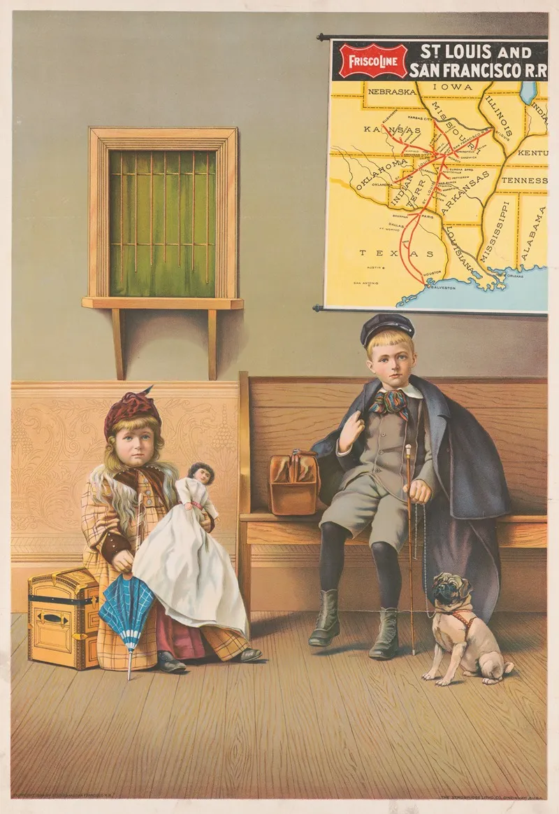 Girl Holding Doll And Boy With Dog In Waiting Room At Railroad Station