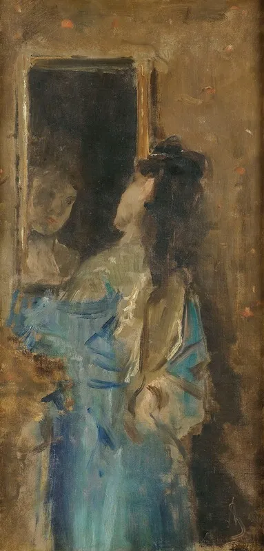 Girl In Blue Looking In A Mirror