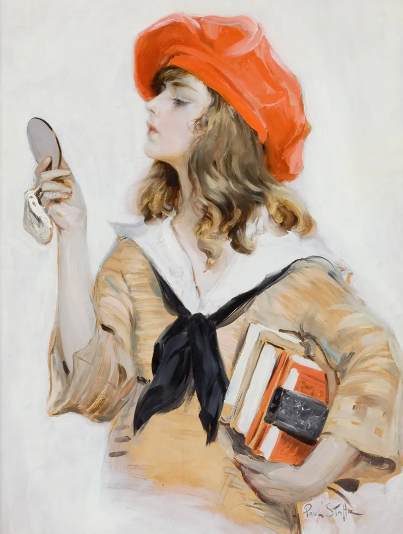 Girl In Red Beret Looking Into Compact Mirror Wall Art by Paul Stahr - High-Resolution Digital Print