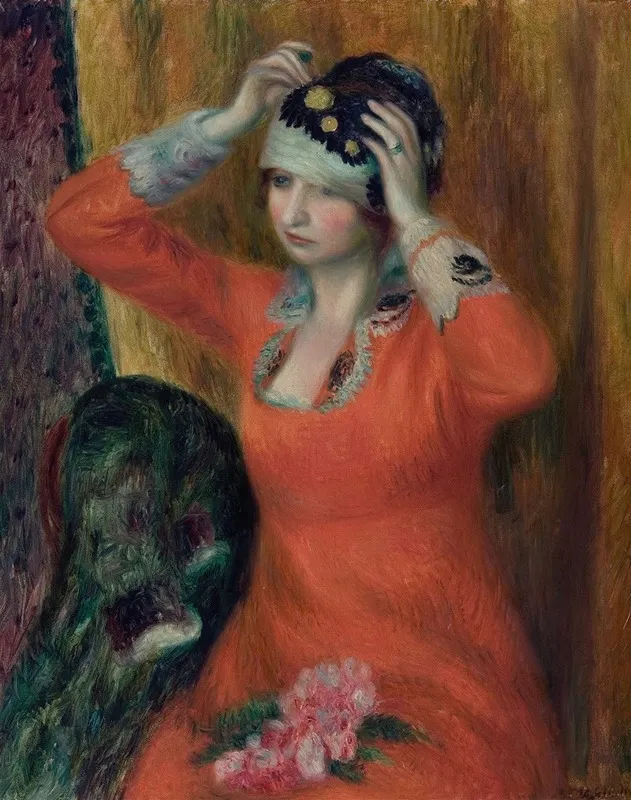 Girl In Red Dress Pinning On Hat Wall Art by William James Glackens - High-Resolution Digital Print