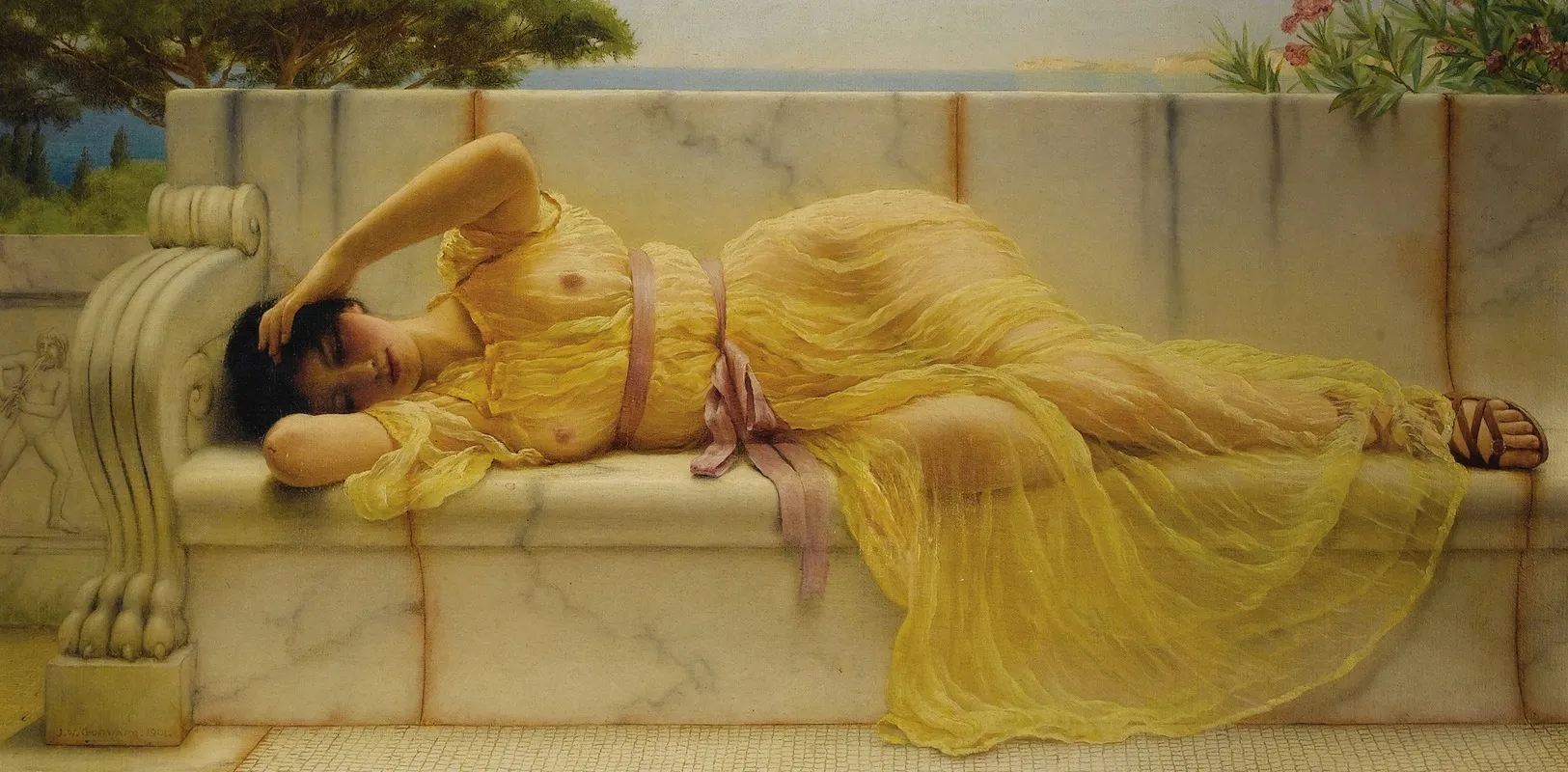 Girl In Yellow Drapery 2 Wall Art by John William Godward - High-Resolution Digital Print