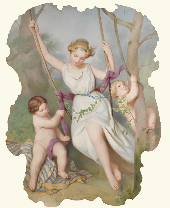 Girl On A Swing With Two Children Wall Art by Continental School - High-Resolution Digital Print