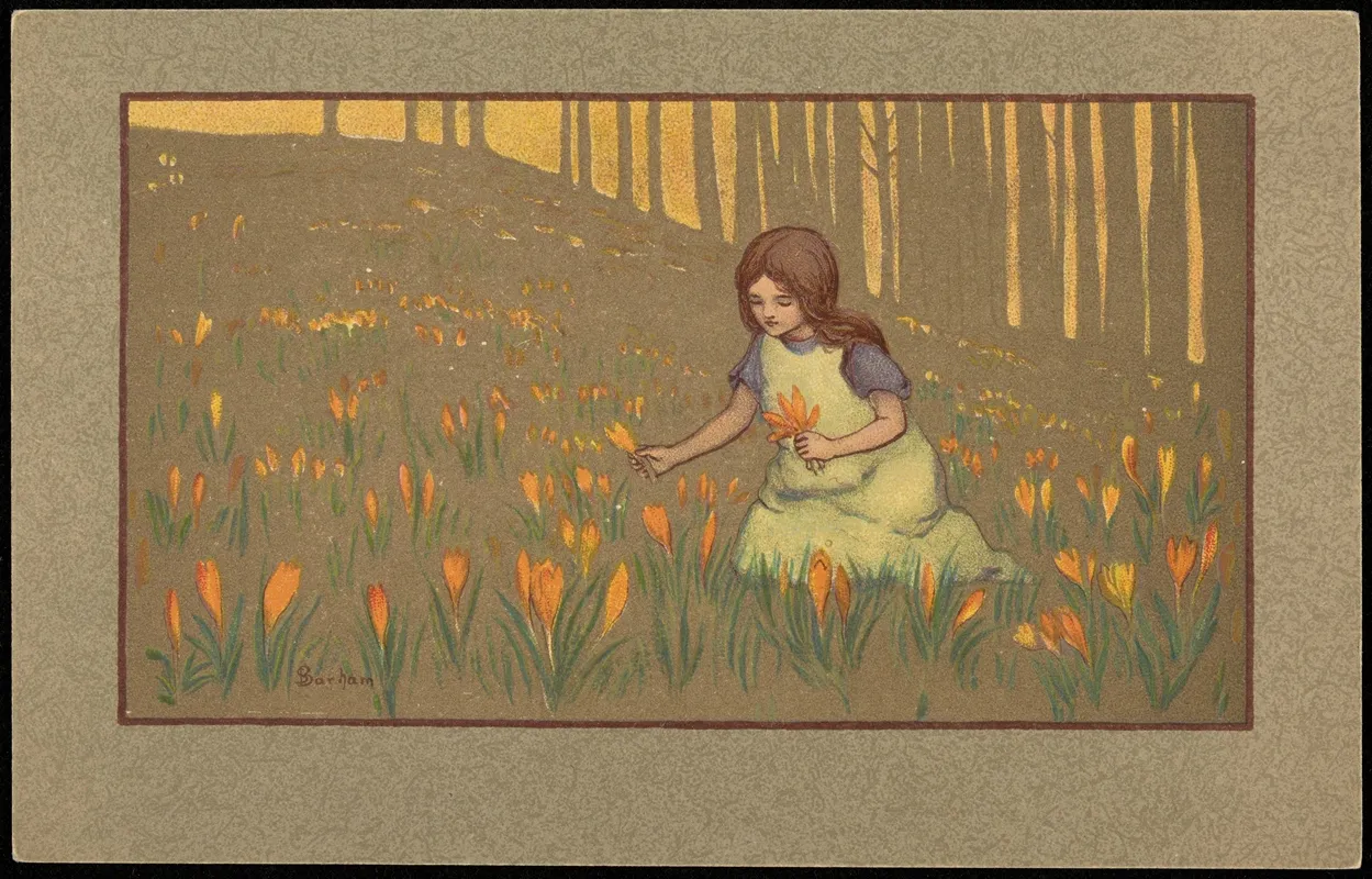 Girl Picking Crocuses Wall Art by M. M. Vienne - High-Resolution Digital Print