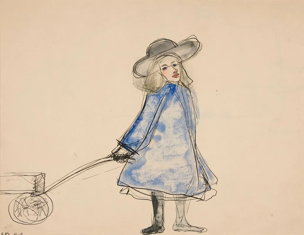 Girl Pulling Wagon Plain Girl In Blue Dress