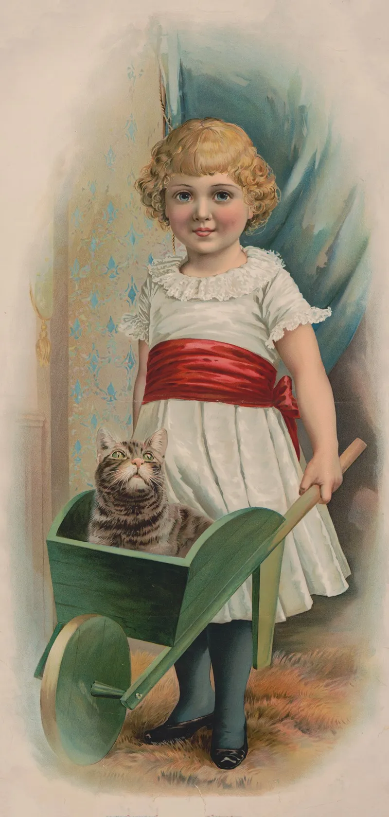 Girl Pushing Cat In Green Wheelbarrow Wall Art by Julius Bien &amp; Company - High-Resolution Digital Print