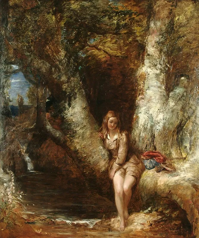 Girl Seated Before A Woodland Pool Wall Art by Alfred Joseph Woolmer - High-Resolution Digital Print
