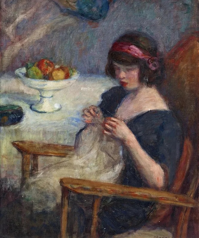 Girl Sewing Wall Art by Lucien Abrams - High-Resolution Digital Print