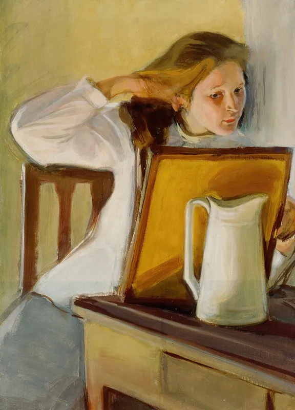 Girl Straightening Her Hair Wall Art by Magnus Enckell - High-Resolution Digital Print