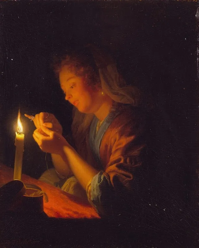 Girl Threading A Needle By Candlelight Wall Art by Godfried Schalcken - High-Resolution Digital Print