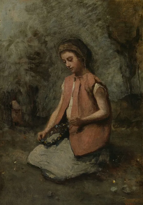 Girl Weaving A Garland Wall Art by Jean-Baptiste-Camille Corot - High-Resolution Digital Print