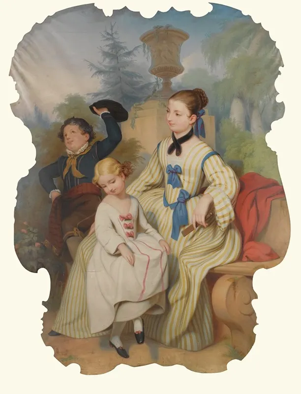 Girl With A Fan And Two Children In Elegant Dress Wall Art by Continental School - High-Resolution Digital Print